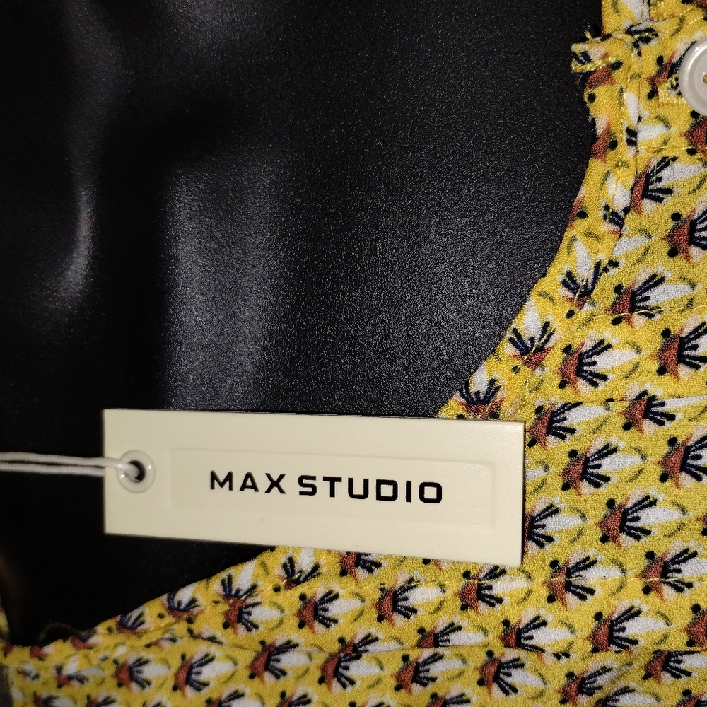 Max Studio NWT Yellow Patterned Blouse Ruffle Sleeves - Picture 6 of 9